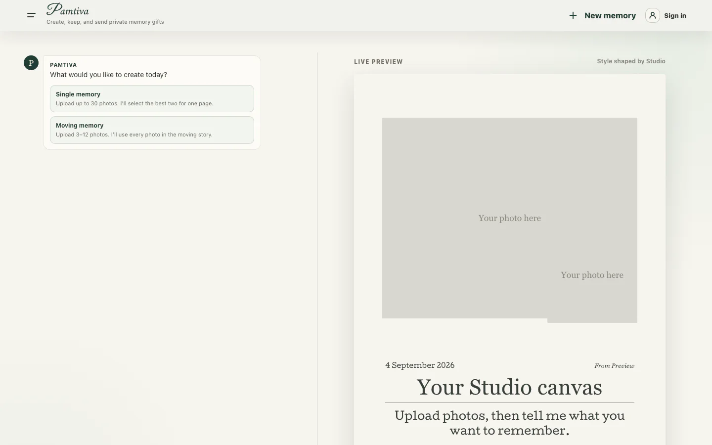 The current Pamtiva Studio asking whether to create a single or moving memory