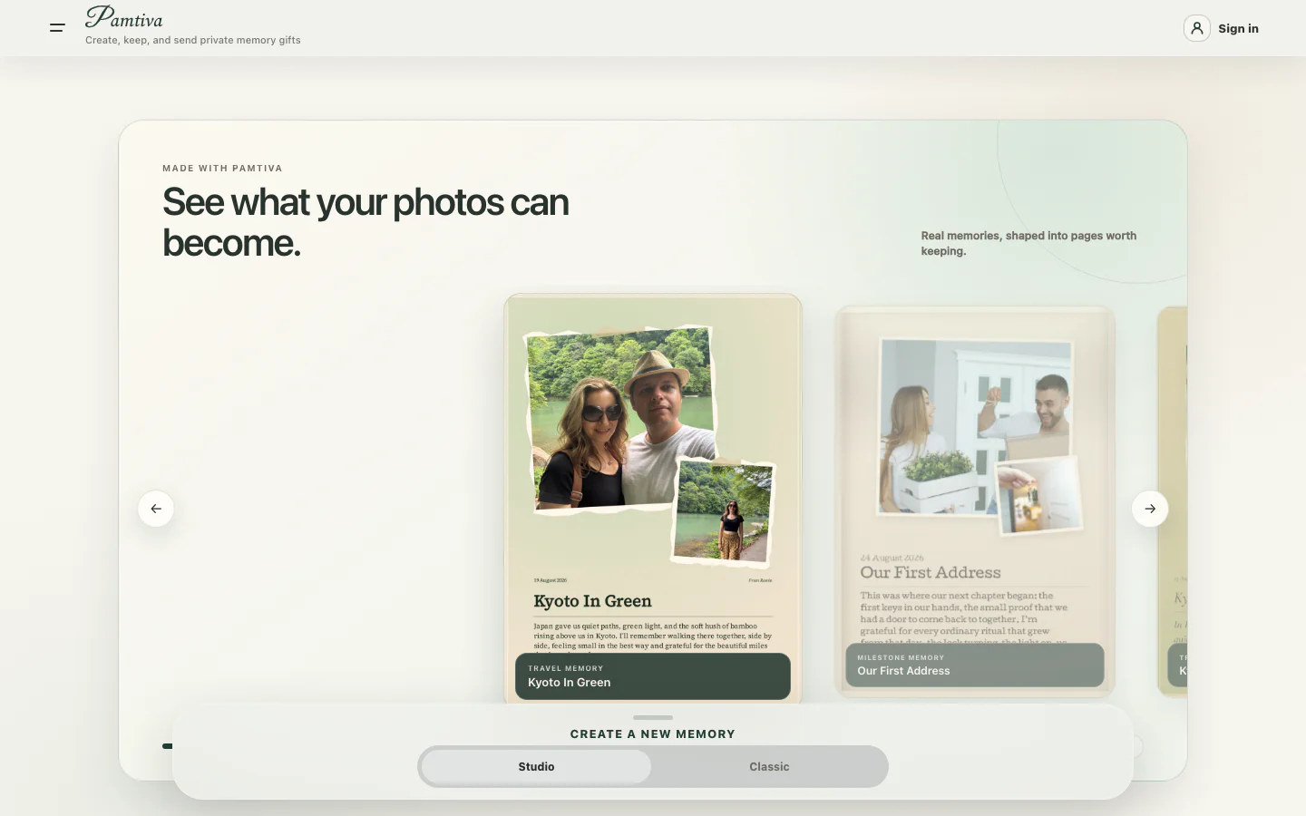 The Pamtiva home screen showing examples of finished memories