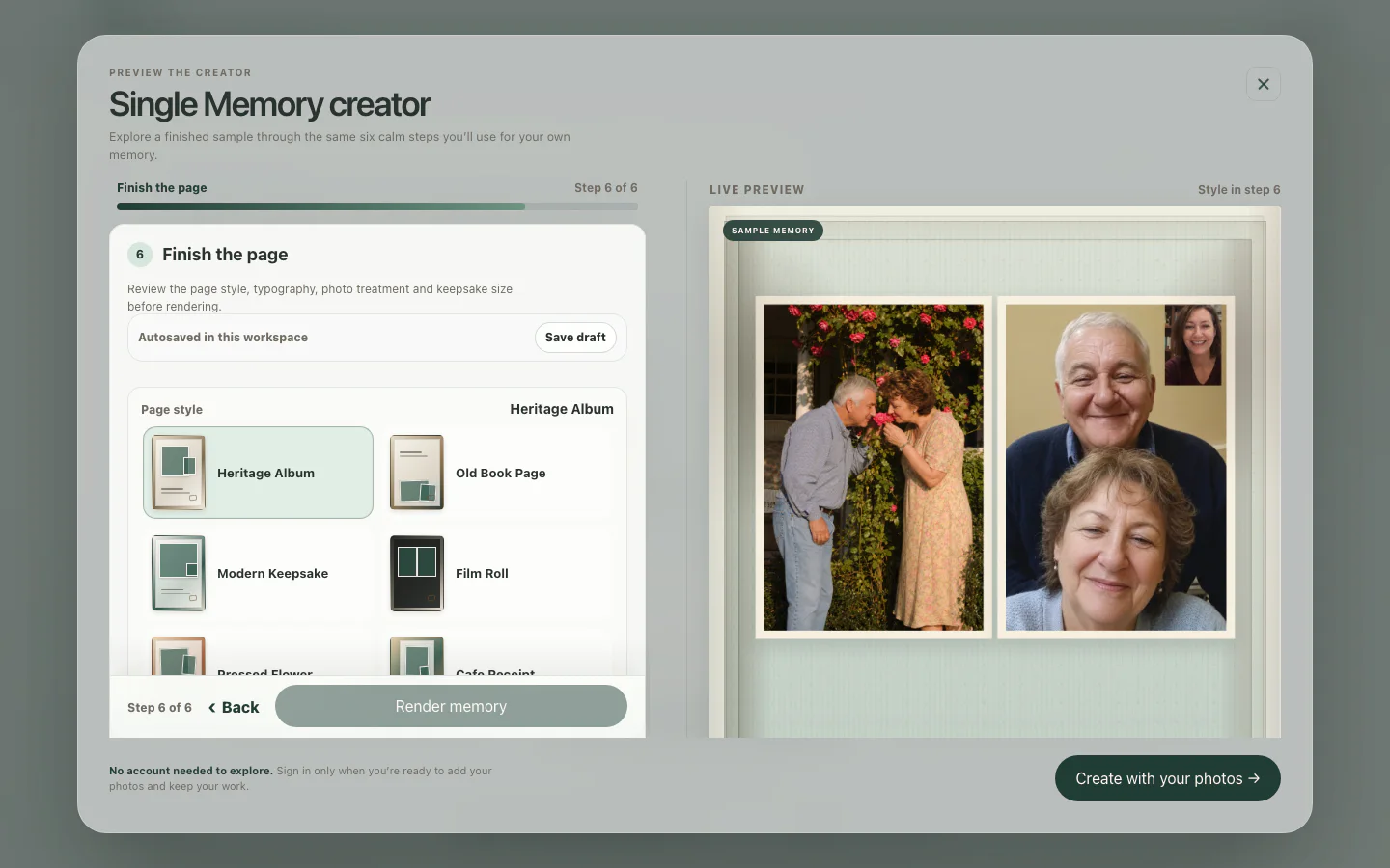 Pamtiva showing page styles beside a live memory preview